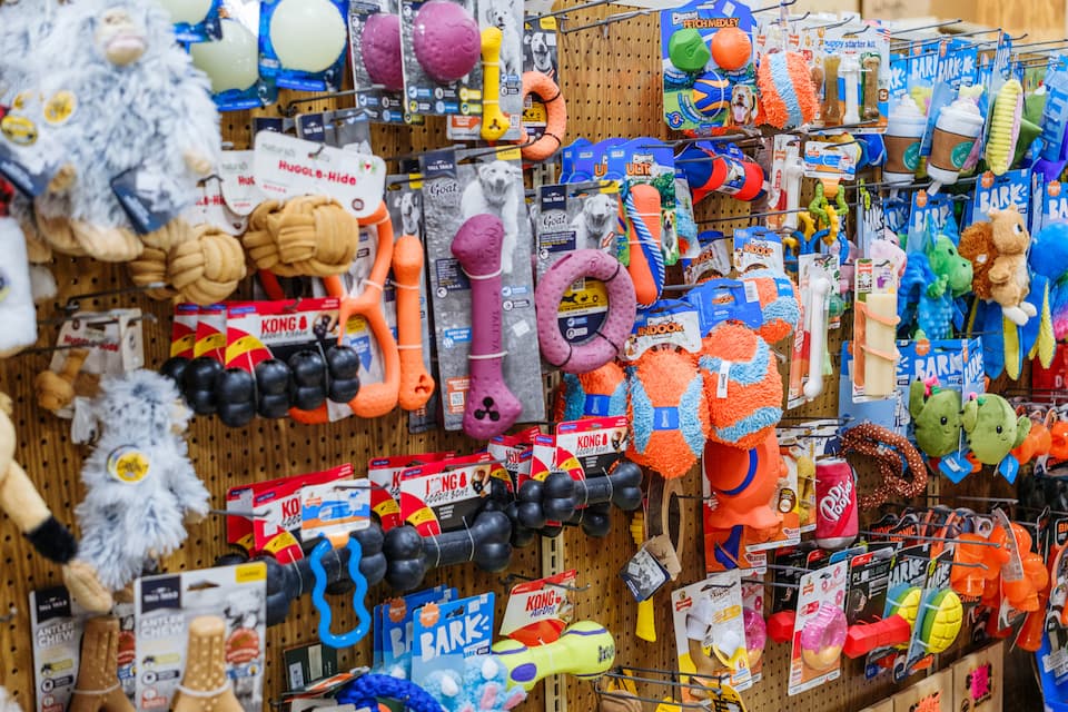 Colorful display of dog toys at Anderson’s General Store, featuring brands like KONG and Bark, with chew toys, squeaky balls, ropes, and plush animals hanging neatly on a pegboard wall.